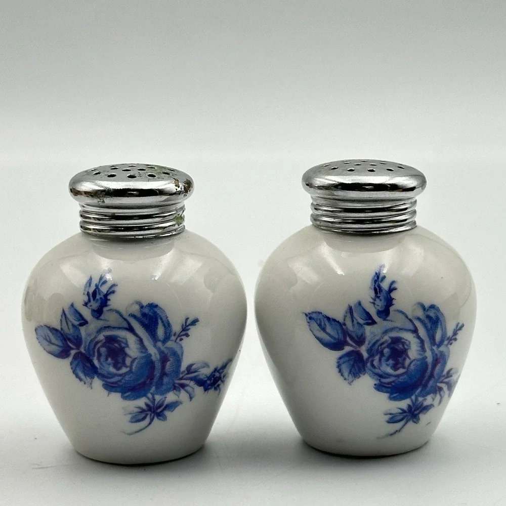 Vintage ALKA KUNST Bavarian Salt & Pepper Shakers Blue Floral Design Germany
